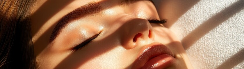 Naklejka premium Minimalist beauty portrait with sunlight playing on the skin, showcasing relaxation, self-care, and natural elegance