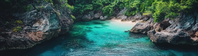 Fototapeta premium A serene coastal view revealing turquoise waters framed by lush greenery and rocky cliffs, perfect for getaway inspiration and nature lovers.