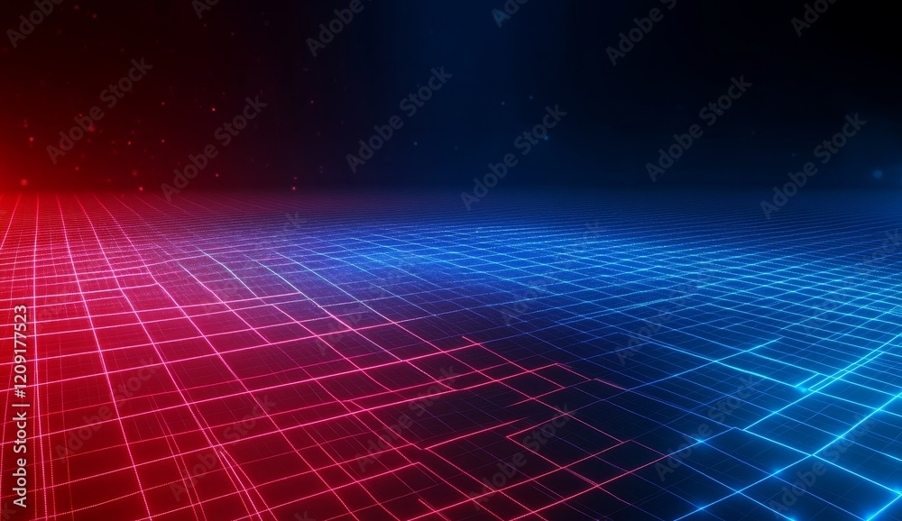 Aufkleber abstract red and blue grid lines glowing in dark space.