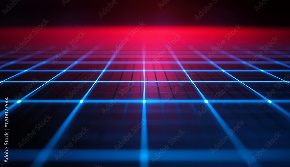 Poster abstract grid network with red and blue neon lights.