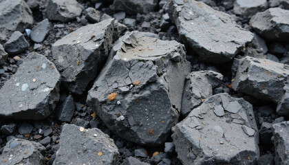 Fototapeta premium Close-up of rough, gray rocks on a gravel surface.