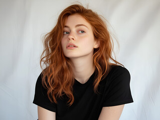 Redhead Woman Portrait: A captivating portrait of a young woman with vibrant, wavy red hair and striking green eyes. She's wearing a simple black t-shirt.
