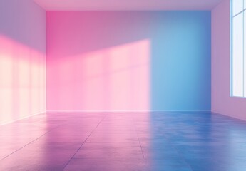 Empty room with pastel pink and blue walls, sunlight, and concrete floor.