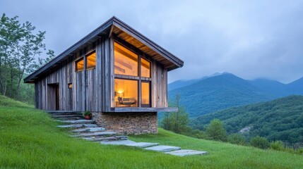 Modern Wooden House with Large Windows Amidst Mountain Landscape