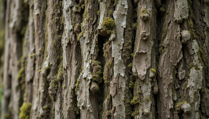 Obraz premium Close-up of textured tree bark with moss.