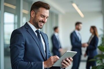 Fototapeta premium Portrait of a Smiling Confident Businessmen Holding a Digital Tablet in a Modern Office, Happy company executive, smiling businessman entrepreneur corporate leader Hr manager.