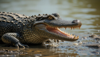 Obraz premium A crocodile basking by the water, showcasing its powerful jaws.