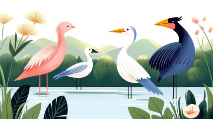 Obraz premium Colorful Bird Illustration in Nature with Stylized Tropical Plants