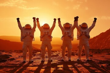 Martian sunset Astronauts celebrate mission success on red planet.