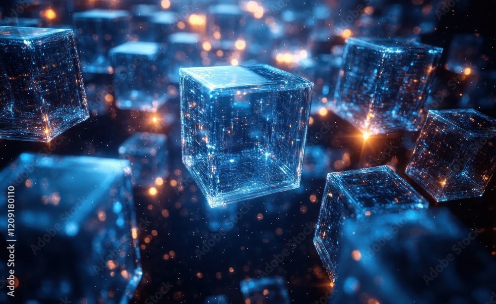 Aufkleber Futuristic Digital Art of Blockchain Technology in Cyberspace with Glowing Transparent Cubes and Geometric Shapes