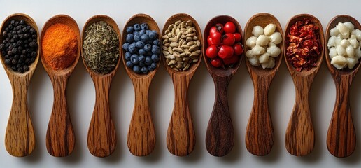 Fototapeta premium Vibrant Still Life of Spices in Wooden Spoons on White Background