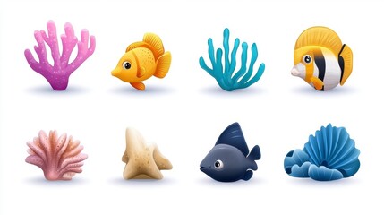 Fototapeta premium Colorful Underwater Scene with Coral and Cartoon Fish Characters