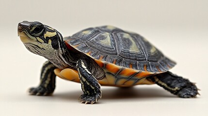 Obraz premium Tiny turtle walking slowly on a white background its shell patterns clear and vivid
