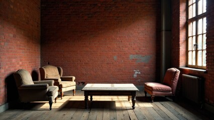 Sunlit Room with Antique Chairs and Coffee Table in a Brick Building
