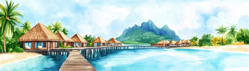 A serene tropical paradise featuring overwater bungalows, clear blue waters, and lush green mountains in the background, perfect for vacation inspiration.