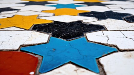 A close-up view of a mosaic floor with star-shaped tiles in various colors and patterns.