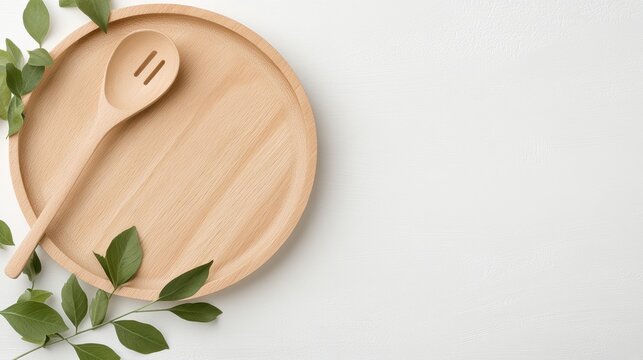 A wooden plate features a spoon and a single green leaf, showcasing a rustic and natural aesthetic that highlights simplicity and harmony.