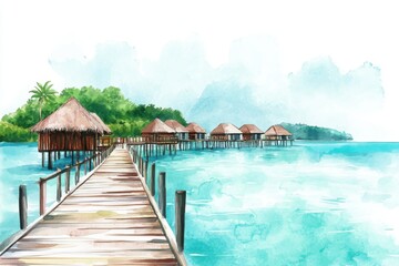 Fototapeta premium A serene watercolor depiction of a wooden pier leading to thatched-roof bungalows amidst a tranquil turquoise sea and lush green islands.