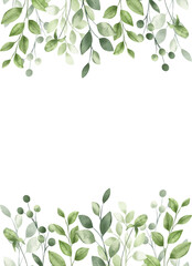 Fototapeta premium Greeting card template with watercolor green leaves, floral frame, illustration hand painted. Isolated on white background.