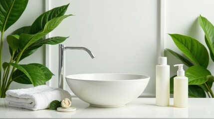Fototapeta premium Serene Bathroom Still Life Clean Vessel Sink, Lush Foliage, and Simple Bath Products