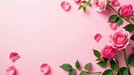 Pink Rose Blossoms and Petals on Soft Pink Background A Delicate Floral Arrangement