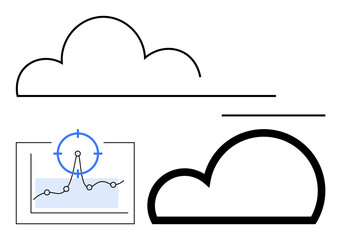 Cloud outlines paired with analytical graph and focus marker highlighting a data point. Ideal for data tracking, cloud computing, analytics, technology growth, digital solutions, efficiency trends