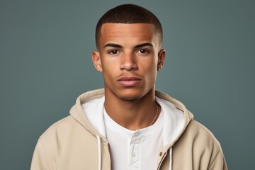 Obraz premium A man with a shaved head and a beard is wearing a white shirt and a tan jacket