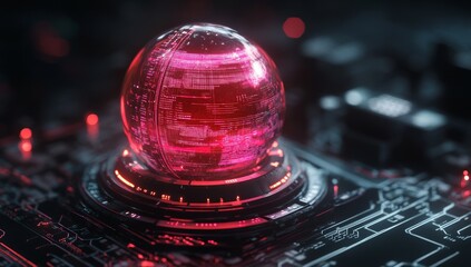 Futuristic glowing red sphere on circuit board.