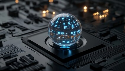 Futuristic glass sphere with digital data on a circuit board.