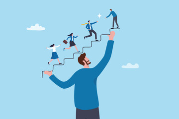 Support employee to reach success and career growth, mentor or coaching help employee engagement, working community, teamwork or career development, businessman manager help colleague growing stair.
