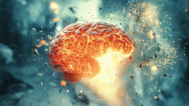 Brain power concept with glowing human brain and explosive energy around