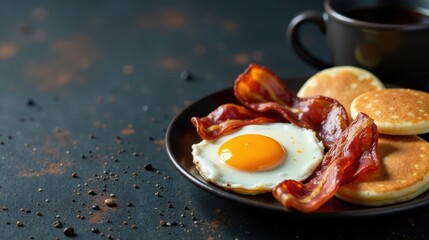 A Delicious Breakfast Plate Featuring a Sunny-Side Up Egg, Crispy Bacon, and Fluffy Pancakes Served with a Cup of Coffee