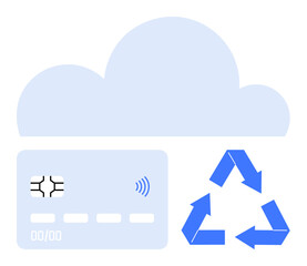 Cloud icon above payment card with contactless feature and recycling arrows. Ideal for fintech, sustainability, cloud services, digital economy, eco-friendly technology, payment platforms, abstract