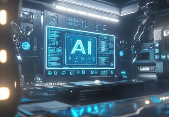 Futuristic AI control room with robotic arms and digital interface.
