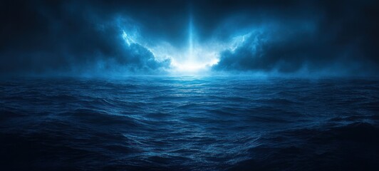 Fototapeta premium Dark Ocean Landscape Ethereal Light Fog Night Scene Abstract Background Fantasy Studio