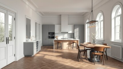 Bright open concept kitchen and dining area, wooden floors, white walls, arched windows, natural light, modern minimalist design, kitchen island with wooden top, round dining table, black chairs