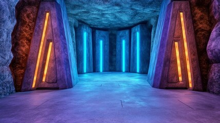Futuristic Dimly Lit Cave Interior with Glowing Colored Lights