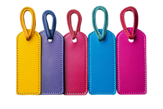 Colorful leather tags in various shades arranged in a row isolated on transparent background