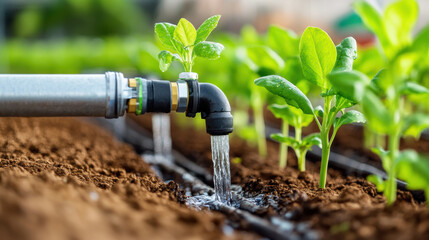 close up of smart irrigation system watering young green plants in renewable agricultural field, showcasing sustainable farming practices and efficient water usage