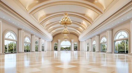 Fototapeta premium Elegant and Spacious Indoor Venue with Arched Ceilings and Chandeliers