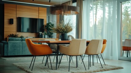 Obraz premium elevate your space with creative elegance: a contemporary dining room featuring mismatched chairs, statement light fixture, and textured walls – perfect as a poster for stylish interiors!