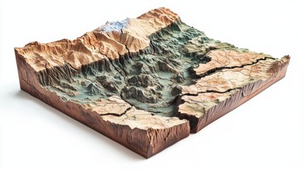 A stunning 3D topographic model depicting a rugged terrain. Detailed mountains and valleys create a breathtaking landscape. Perfect for education and visualization. Generative AI