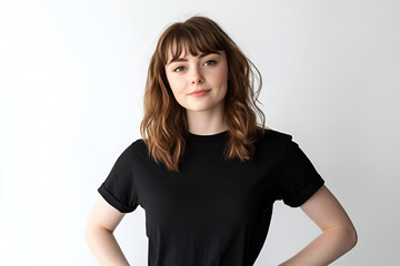 Fototapeta premium Confident & Casual: A young woman with long, brown hair styled in loose waves and bangs radiates confidence while wearing a simple, black t-shirt and standing with one hand on her hip.