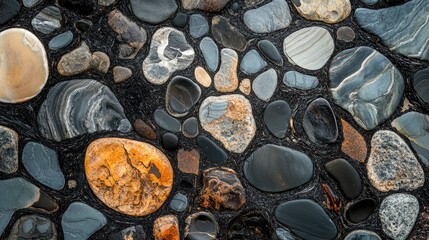 Close-up of a naturally patterned pebble beach, showcasing the diverse shapes and colors of the stones.