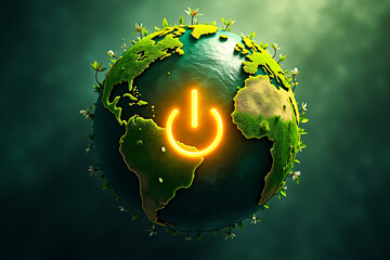 Abstract swirling leaves and vines forming a globe with a glowing power symbol inside