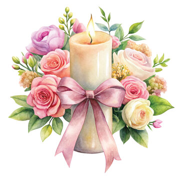 Watercolor candles with greenery and white flowers, a clip art design on a pure white background