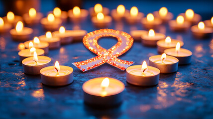 Candlelight vigil with lit candles arranged in the shape of a ribbon, commemorating those affected by cancer on World Cancer Day.