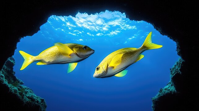 Underwater encounter yellowfish swimming in clear blue ocean cave marine life photography scenic viewpoint