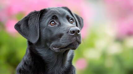 Fototapeta premium Black Labrador puppy looking up, floral background, pet portrait, website use