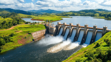 high angle view of hydroelectric dam releasing water, surrounded by lush green hills, serene reservoir, and bright blue sky with scattered clouds, showcasing renewable energy in nature